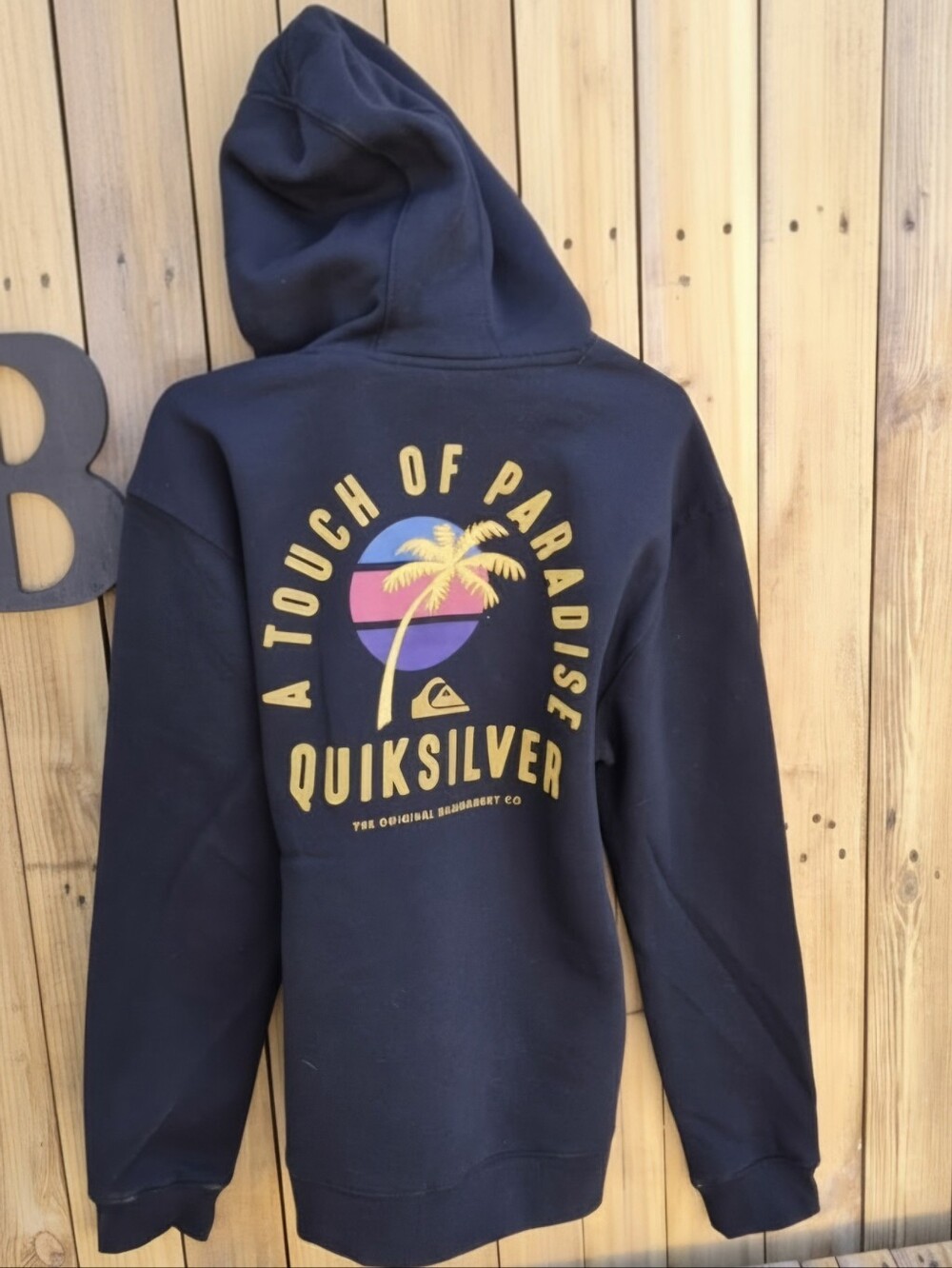 Quiksilver Black Hoodie with Yellow & Pink Tropical Graphic